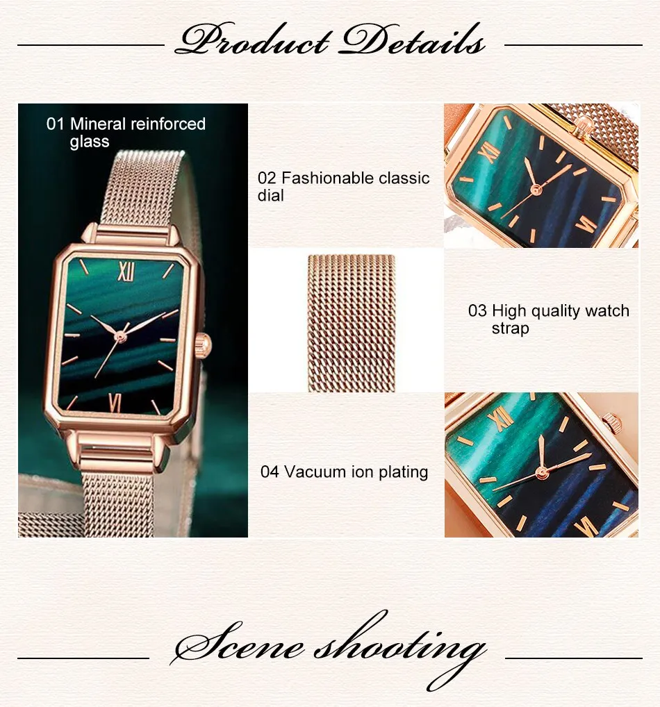 Women Watches Fashion Square Ladies Quartz Watch Bracelet Set Green Dial Simple Rose Gold Mesh Luxury Women Watches