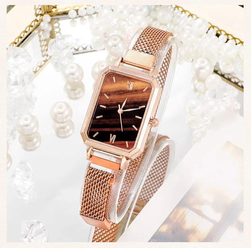 Women Watches Fashion Square Ladies Quartz Watch Bracelet Set Green Dial Simple Rose Gold Mesh Luxury Women Watches