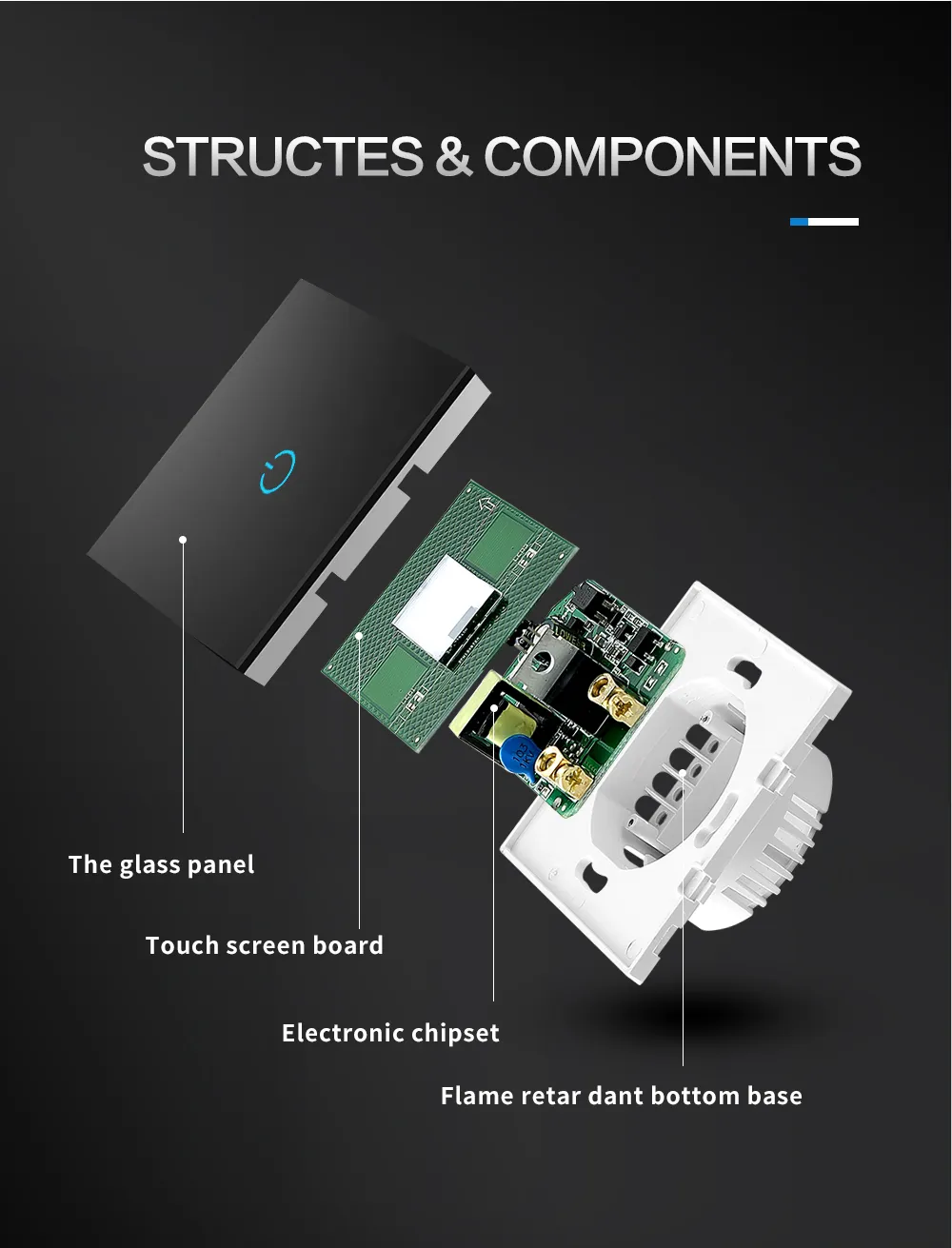 BONDA Smart Switch Alexa RF433 No Neutral Tuya Control Works With Google 1/2/3 Gang Smart Life Home Light WiFi Touch Switches