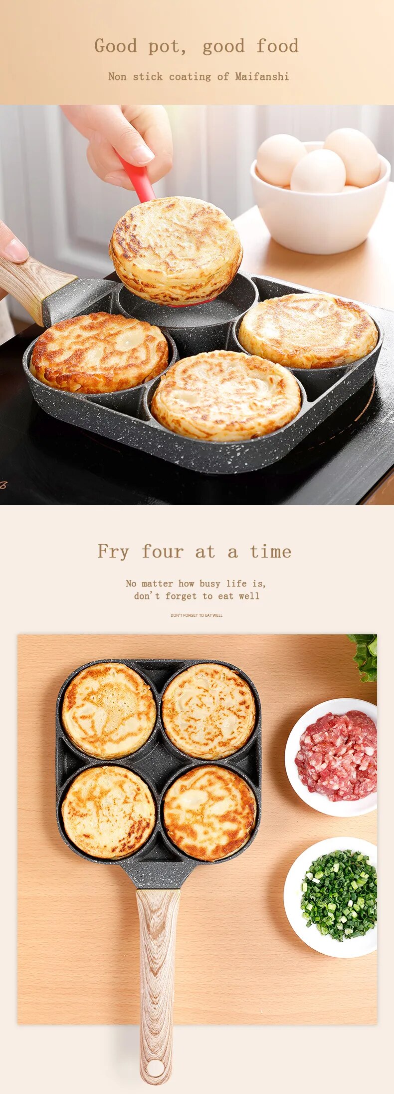 4-hole Omelet Pan Frying Pot Thickened Non-stick Egg Pancake Steak Cooking Pan Hamburg bread Breakfast Maker Induction cooker