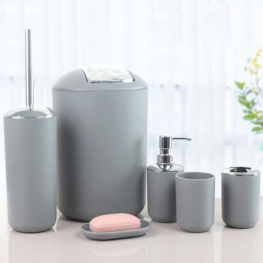 6pcs Bathroom Accessories Set Trash Can Lotion Dispenser Toothbrush Holder Cup Toliets Brush with Holder Luxury Gift