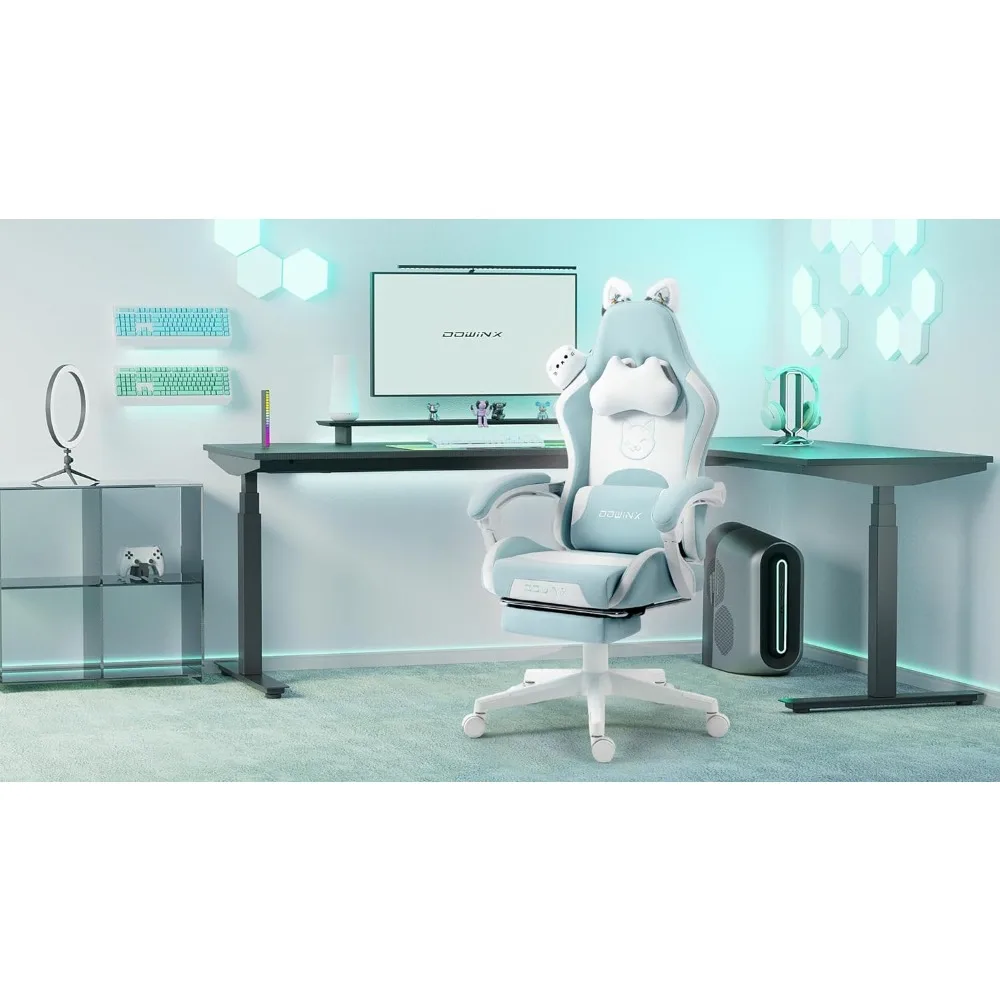 Dowinx Gaming Chair Cute with Cat Ears and Massage Lumbar Support, Ergonomic Computer Chair for Girl with Footrest and Headrest,