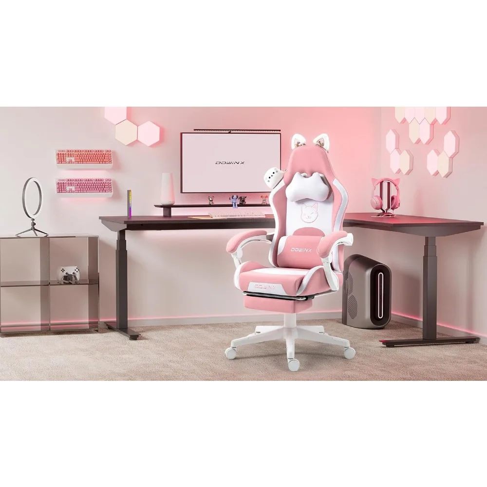 Dowinx Gaming Chair Cute with Cat Ears and Massage Lumbar Support, Ergonomic Computer Chair for Girl with Footrest and Headrest,