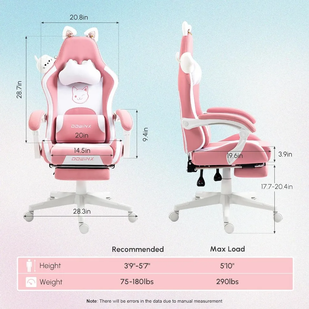 Dowinx Gaming Chair Cute with Cat Ears and Massage Lumbar Support, Ergonomic Computer Chair for Girl with Footrest and Headrest,