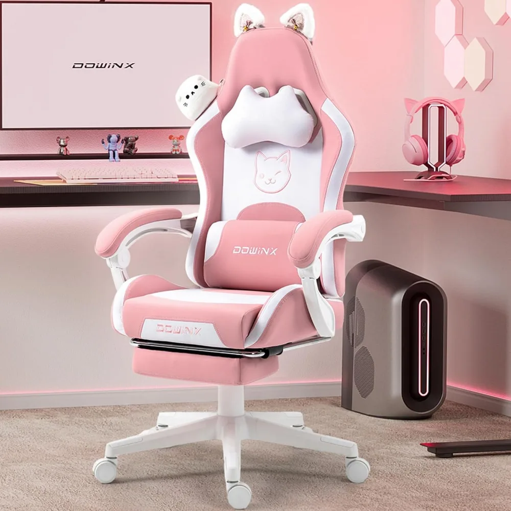 Dowinx Gaming Chair Cute with Cat Ears and Massage Lumbar Support, Ergonomic Computer Chair for Girl with Footrest and Headrest,