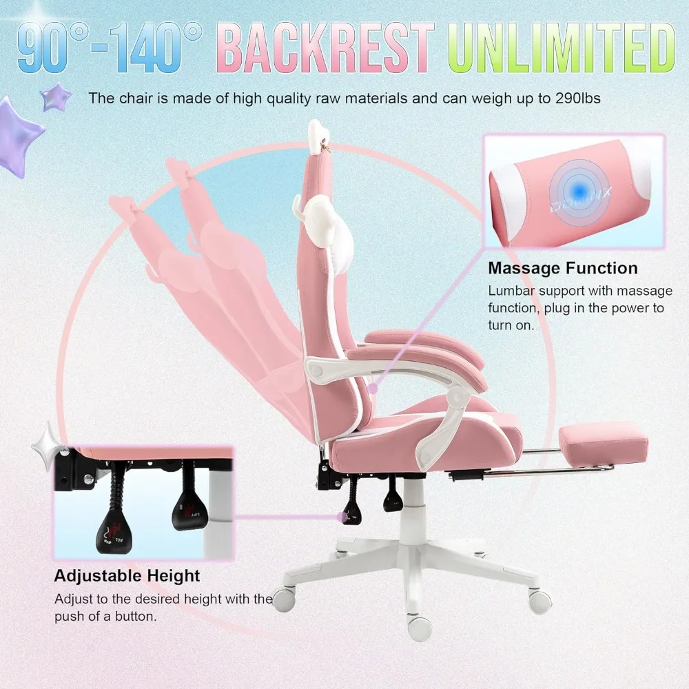 Dowinx Gaming Chair Cute with Cat Ears and Massage Lumbar Support, Ergonomic Computer Chair for Girl with Footrest and Headrest,