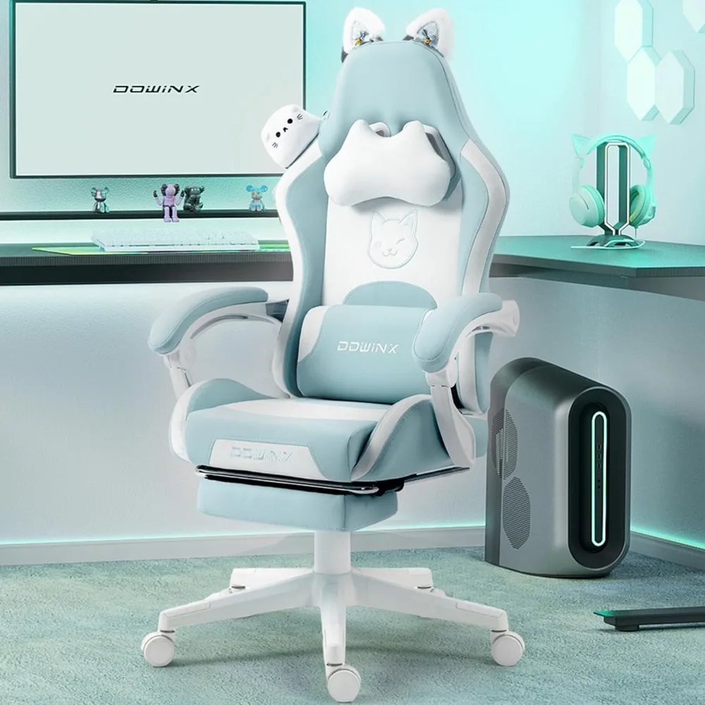 Dowinx Gaming Chair Cute with Cat Ears and Massage Lumbar Support, Ergonomic Computer Chair for Girl with Footrest and Headrest,