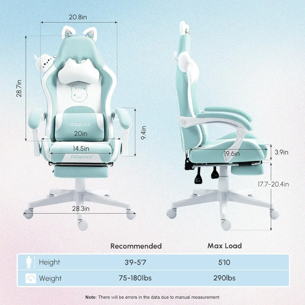 Dowinx Gaming Chair Cute with Cat Ears and Massage Lumbar Support, Ergonomic Computer Chair for Girl with Footrest and Headrest,