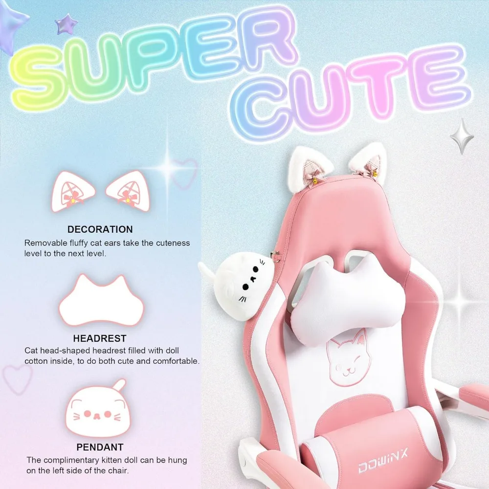 Dowinx Gaming Chair Cute with Cat Ears and Massage Lumbar Support, Ergonomic Computer Chair for Girl with Footrest and Headrest,