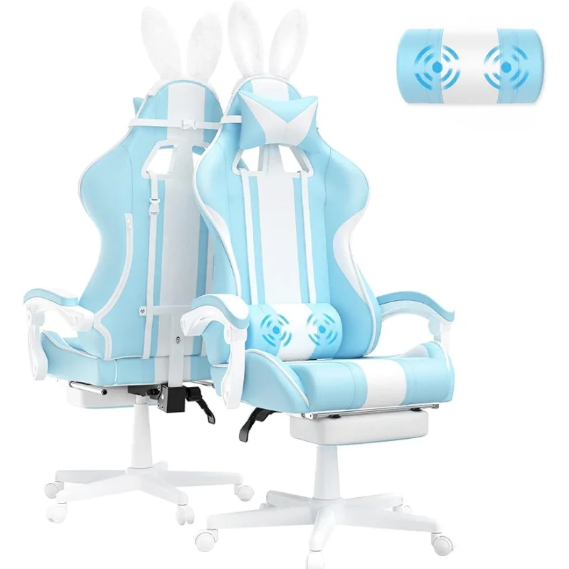 FERGHANA Kawaii Light Blue Gaming Chair with Bunny Ears, Ergonomic Cute Gamer Chair with Footrest and Massage, Racing Reclining