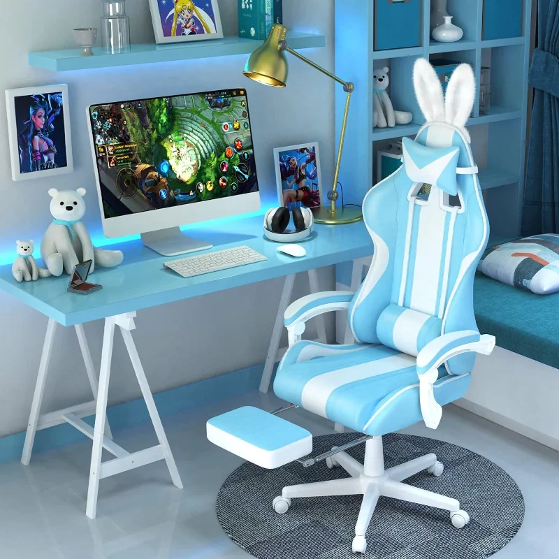 FERGHANA Kawaii Light Blue Gaming Chair with Bunny Ears, Ergonomic Cute Gamer Chair with Footrest and Massage, Racing Reclining