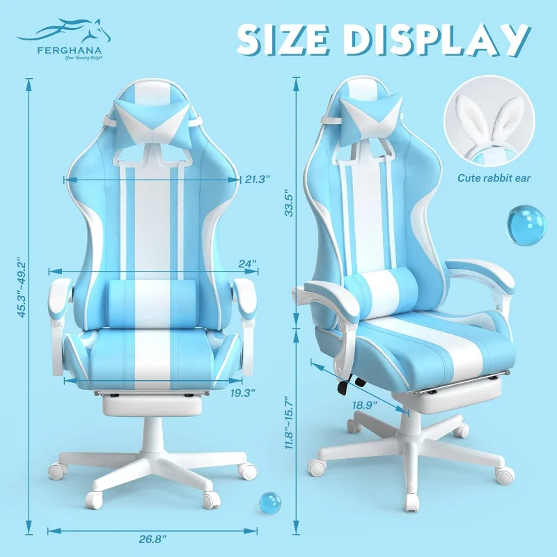 FERGHANA Kawaii Light Blue Gaming Chair with Bunny Ears, Ergonomic Cute Gamer Chair with Footrest and Massage, Racing Reclining