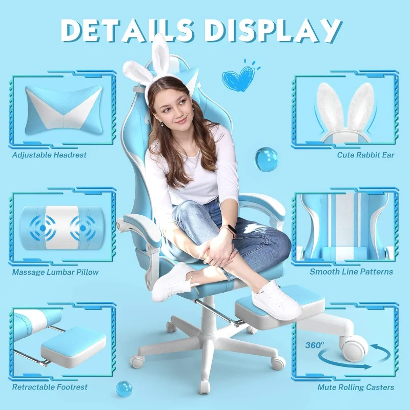 FERGHANA Kawaii Light Blue Gaming Chair with Bunny Ears, Ergonomic Cute Gamer Chair with Footrest and Massage, Racing Reclining