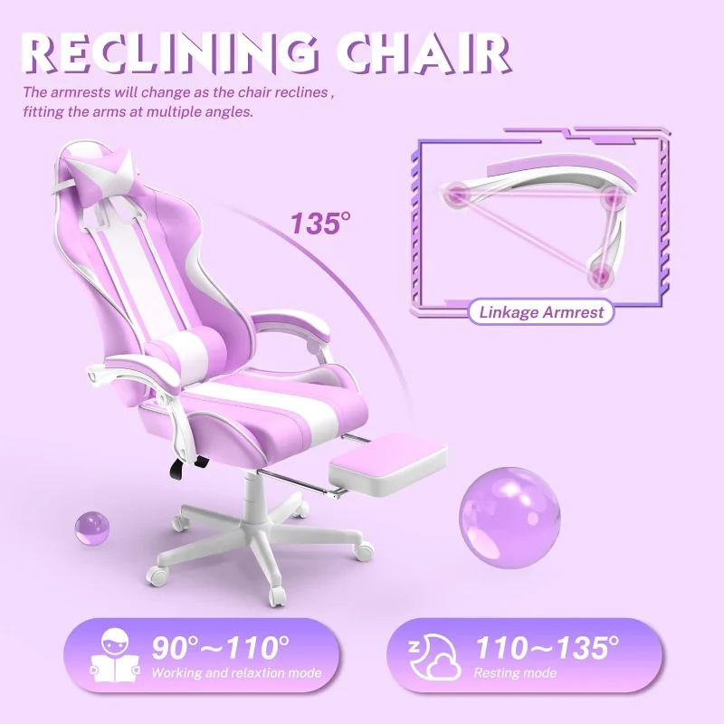 FERGHANA Kawaii Light Blue Gaming Chair with Bunny Ears, Ergonomic Cute Gamer Chair with Footrest and Massage, Racing Reclining