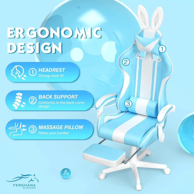 FERGHANA Kawaii Light Blue Gaming Chair with Bunny Ears, Ergonomic Cute Gamer Chair with Footrest and Massage, Racing Reclining