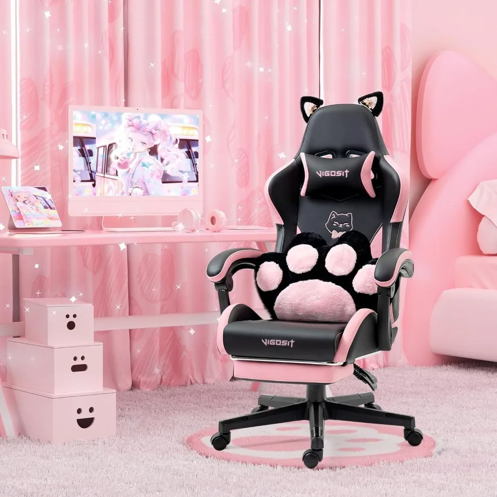 Pink Gaming Chair With Cat Paw Lumbar Cushion and Cat Ears Computer Armchair Reclining PC Game Chair for Girl Kids Teen Gamer