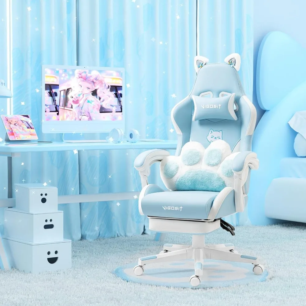 Pink Gaming Chair With Cat Paw Lumbar Cushion and Cat Ears Computer Armchair Reclining PC Game Chair for Girl Kids Teen Gamer