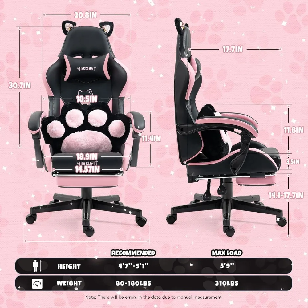 Pink Gaming Chair With Cat Paw Lumbar Cushion and Cat Ears Computer Armchair Reclining PC Game Chair for Girl Kids Teen Gamer