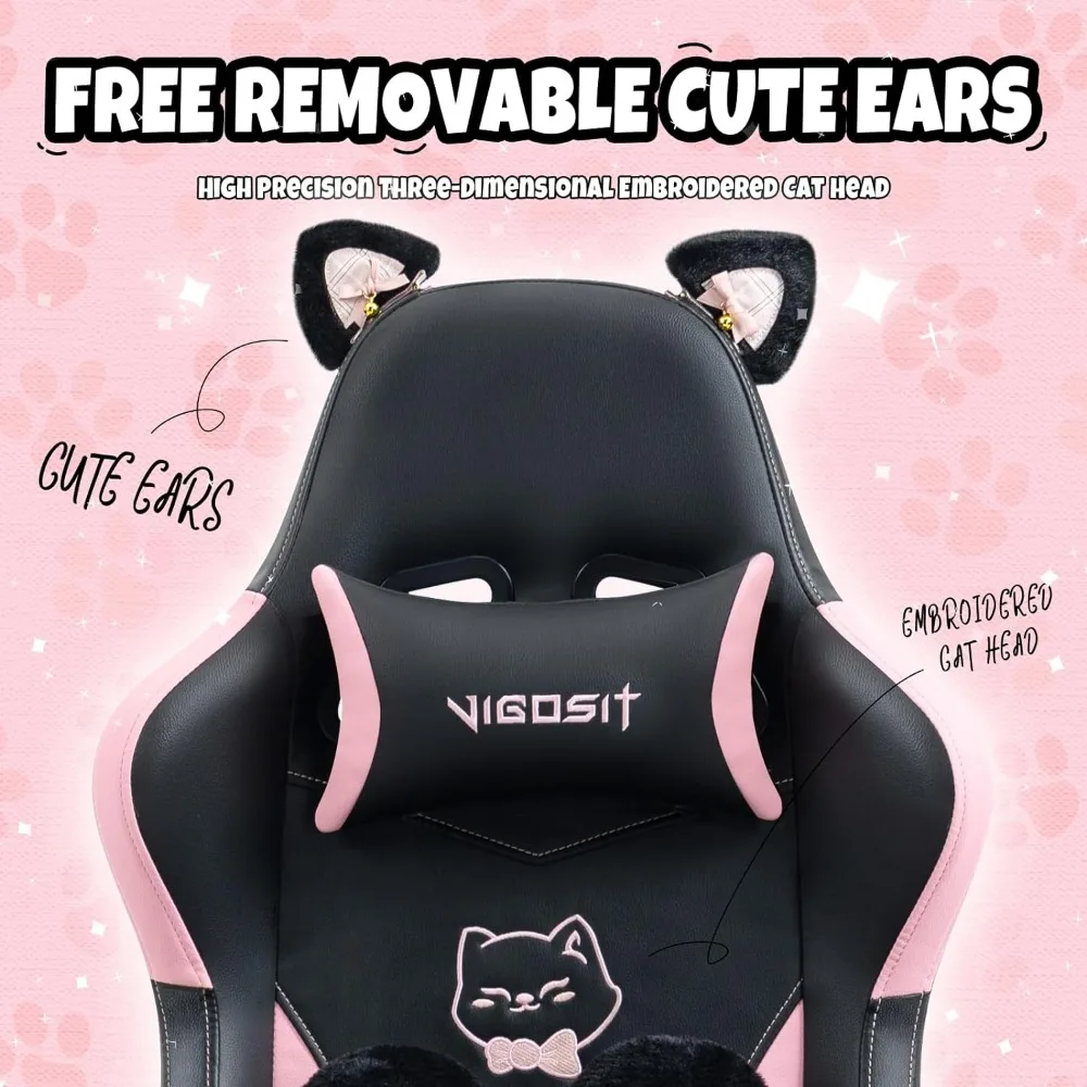 Pink Gaming Chair With Cat Paw Lumbar Cushion and Cat Ears Computer Armchair Reclining PC Game Chair for Girl Kids Teen Gamer