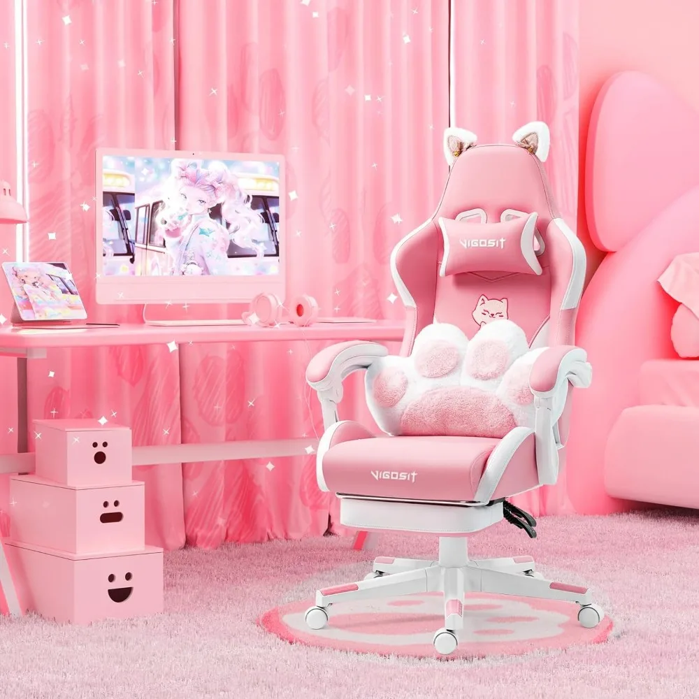 Pink Gaming Chair With Cat Paw Lumbar Cushion and Cat Ears Computer Armchair Reclining PC Game Chair for Girl Kids Teen Gamer