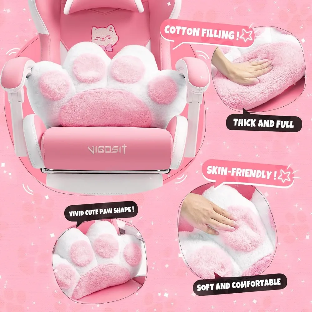 Pink Gaming Chair With Cat Paw Lumbar Cushion and Cat Ears Computer Armchair Reclining PC Game Chair for Girl Kids Teen Gamer