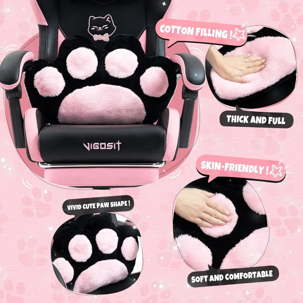 Pink Gaming Chair With Cat Paw Lumbar Cushion and Cat Ears Computer Armchair Reclining PC Game Chair for Girl Kids Teen Gamer