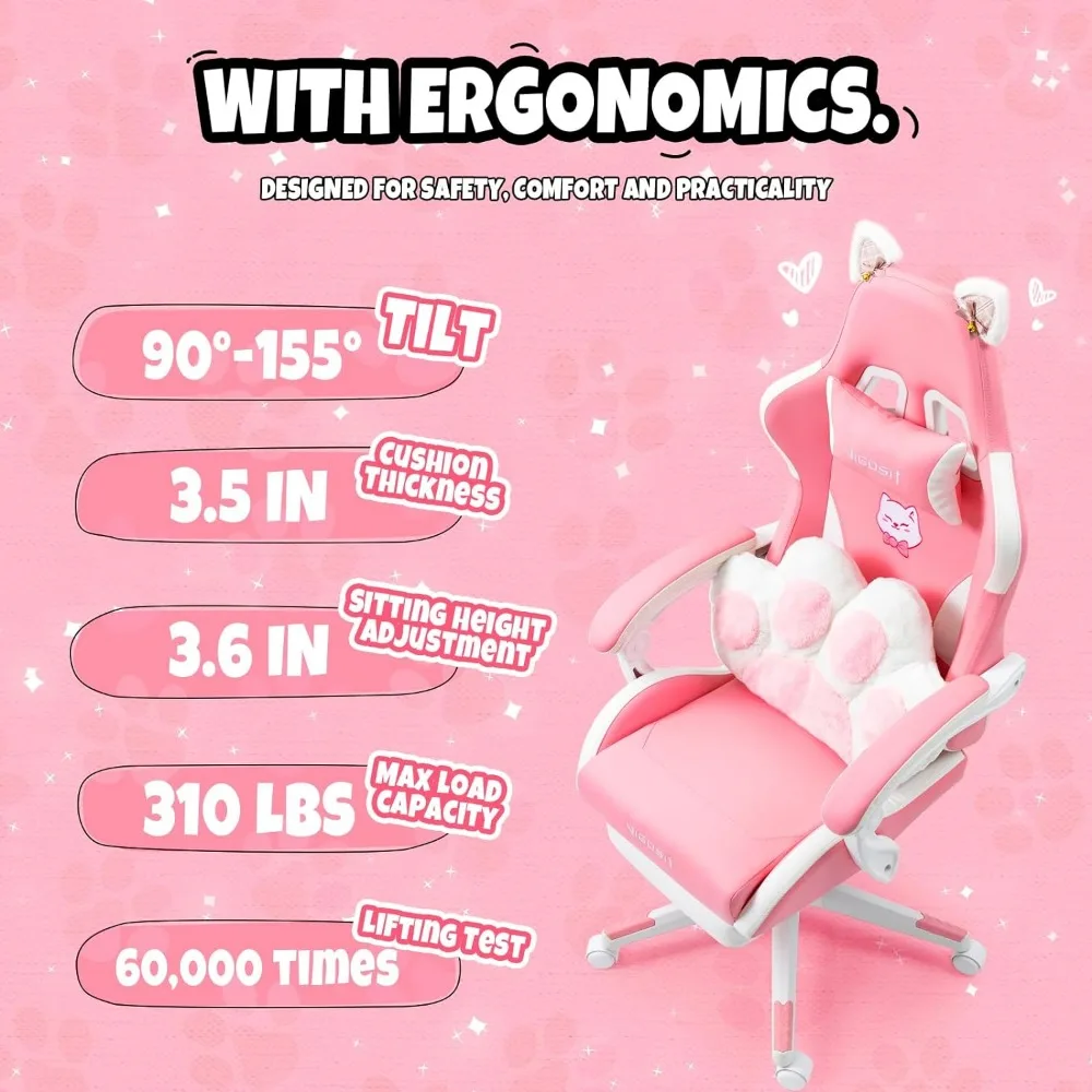 Pink Gaming Chair With Cat Paw Lumbar Cushion and Cat Ears Computer Armchair Reclining PC Game Chair for Girl Kids Teen Gamer