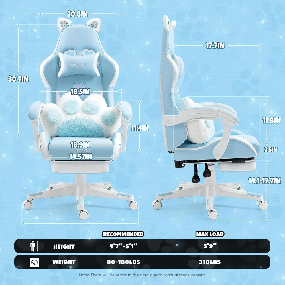 Pink Gaming Chair With Cat Paw Lumbar Cushion and Cat Ears Computer Armchair Reclining PC Game Chair for Girl Kids Teen Gamer