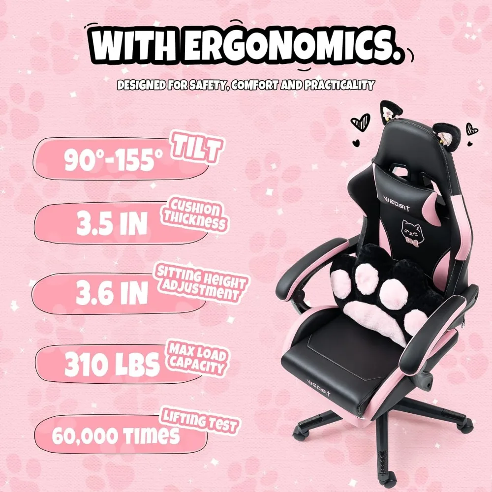 Pink Gaming Chair With Cat Paw Lumbar Cushion and Cat Ears Computer Armchair Reclining PC Game Chair for Girl Kids Teen Gamer