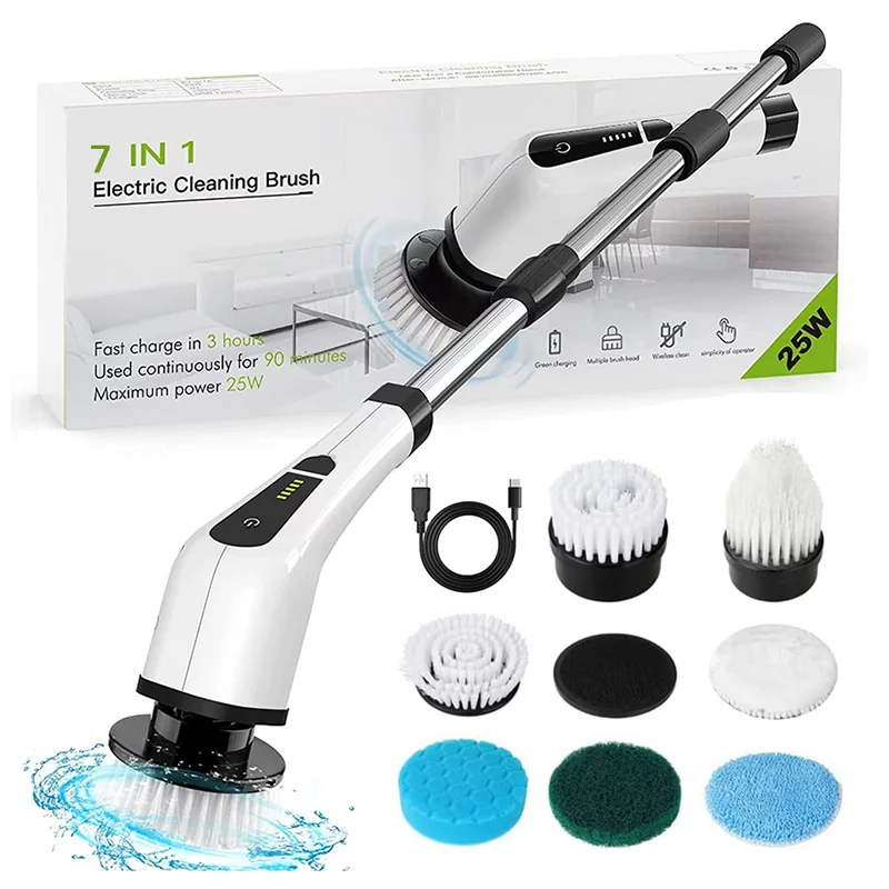 7 In 1 Electric Spin Scrubber Cordless Cleaning Brush Extension Handle Wall Window Cleaner Tub Tile Scrubber Cleaning Tool